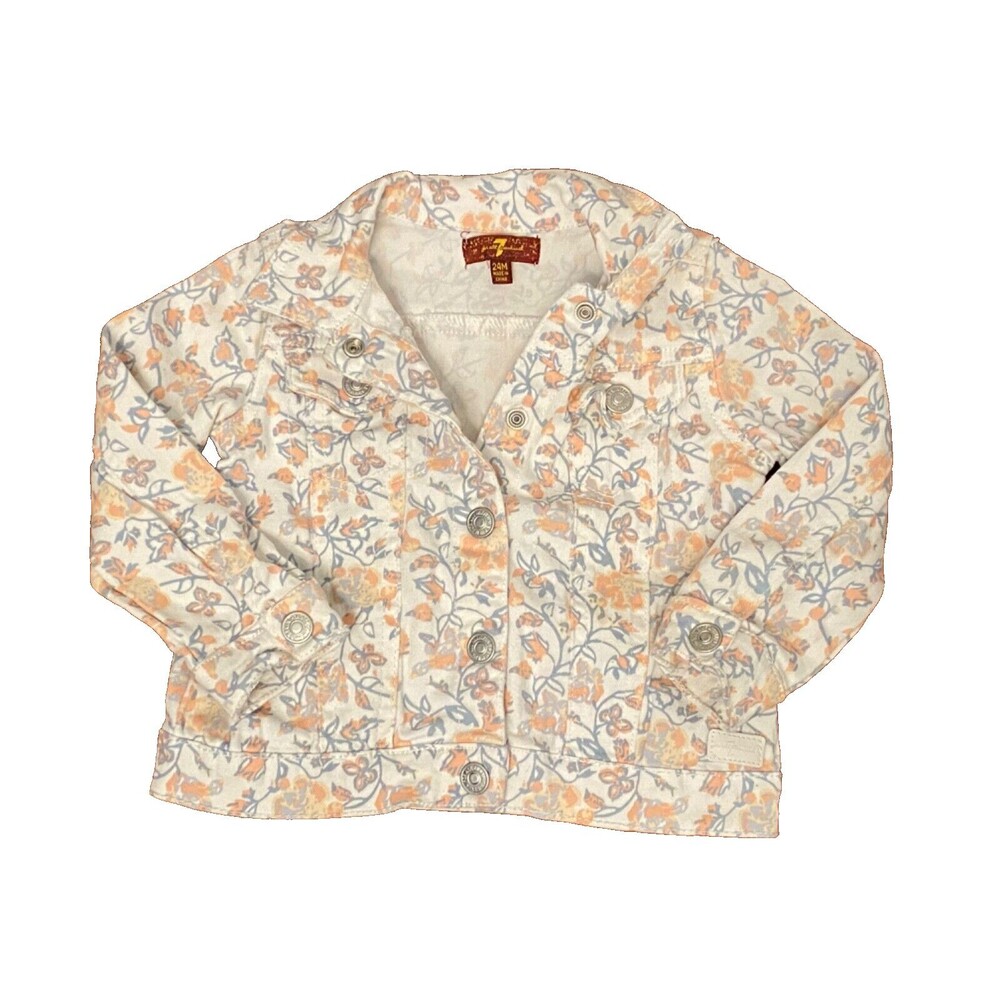24M Girls 7FAM SEVEN FOR ALL MANKIND Floral Pink White Denim Jacket Toddler Baby